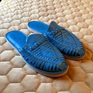 Blue Woven Leather Slip-On Huarache Mules